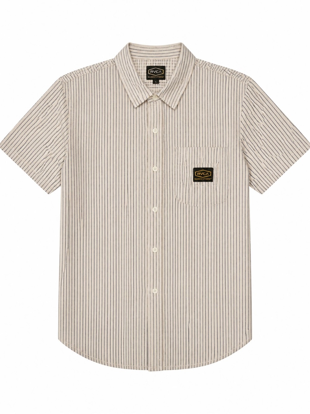 Vintage RVCA Men’s Short-Sleeve Striped Button-Down Shirt in Cream and Black